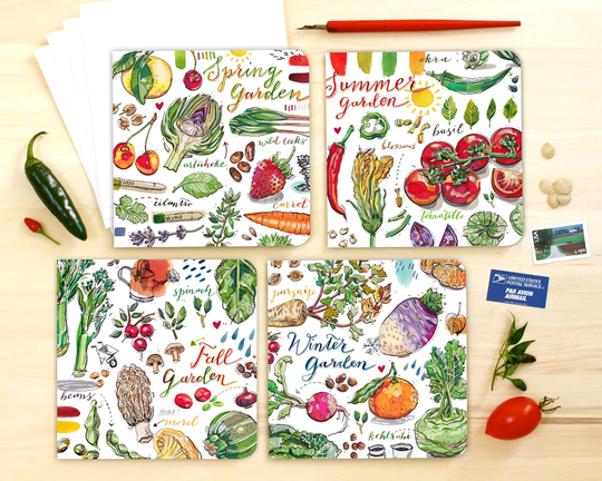 Garden Notecards. Set Of 4 Blank Cards. Four Seasons. Vegetables. Food Illustration. Gardening. Writing Set. Organic. Earth. Grow. Rainbow