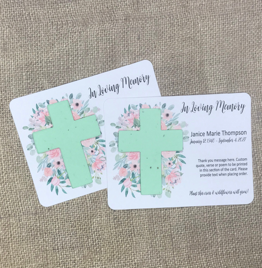 Plantable Seed Cross Watercolor Flowers Memorial Cards Set Of 12 - Recycled Paper Favors in Loving Memory