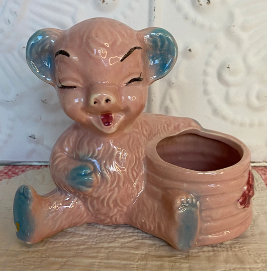 Vintage Laughing Teddy Bear Planter Eating Honey Tummy Full Shawnee Pottery Co?