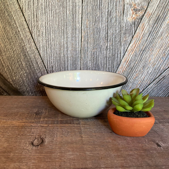 Vintage Enamel Small 6.5 Inch Bowl {Enamelware Basin White Black Edge} Herb Succulent, Plants. Planter Garden Kitchen Storage Cereal