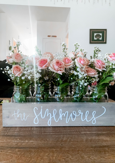Mason Jar Centerpiece Wood Planter Box, Hand-Lettered | Indoor Planter, Custom Centerpiece, Gather Flower Decor, Gift Idea