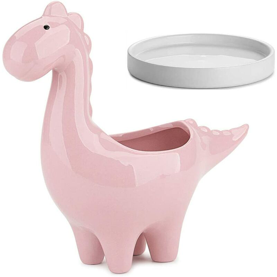 Succulent Pots with Drainage Tray 7 inch White Glazed Ceramic Dinosaur Pot for Indoor Succulent Planters Cactus Decor, pink - Langray