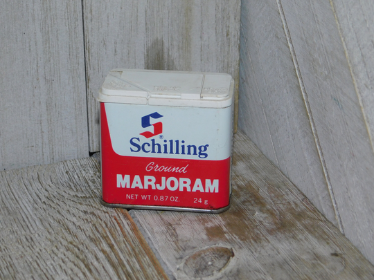 Vintage Schillings Ground Marjoram Tin Can Seasoning, For Display Only, Vtg Spice Can, Kitchen, Daysgonebytreasures D