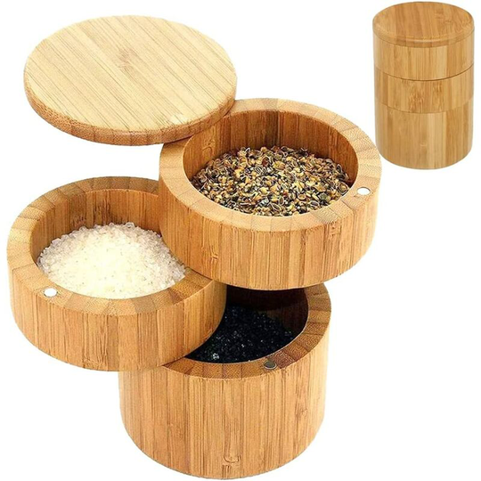 Readcly - Seasoning Spice Jar, Wooden Spice Jar, Bamboo Salt Box, Round Spice Container, with Magnetic Swing Lid, 3 Layers, for Kitchen, Salt, Herbs,