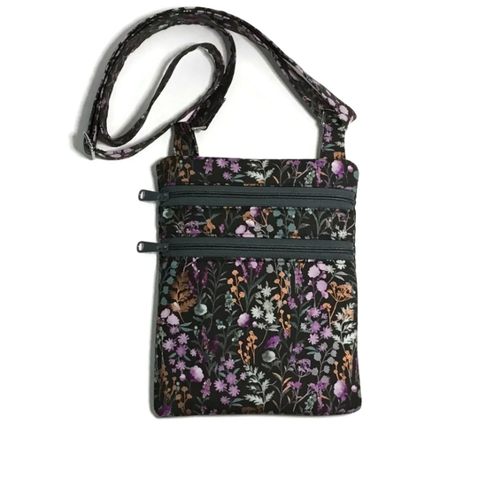 Small Zipper Bag - Crossbody Lightweight- Floral Black Purple Christmas Gift For Women, Mom, Teen Or Tween Girls Stocking Stuffer