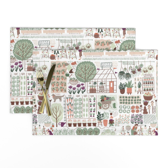 Vegetable Placemats | Set Of 2 - My Favouite Greenhouse By Fineapple_Pair Flower Herb Garden Watering Can Cloth Spoonflower