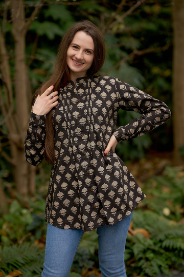 New Veda Tunic Shirt, Pure Cotton, Hand Block Printed, Bohemian, Casual-Occasional, Dark Brown, Cream, All Season, Handcrafted, Ethical Fashion