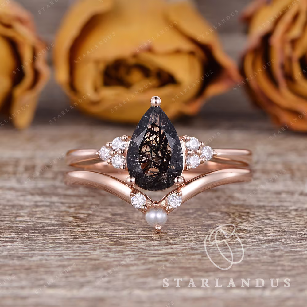 Black Rutilated Quartz & Pearl Engagement Ring Unique Cluster Rings Pear Shaped Bridal Set Marquise Moissanite Salt Pepper Crystal 2Pcs