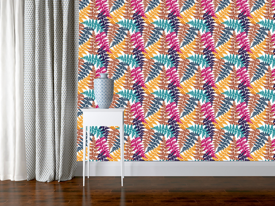 Colorful Fern Frond Herbs & Tropical Forest Plant Leaves, Green Home Decor, Peel Stick, Removable Wallpaper, Floral Wallpaper