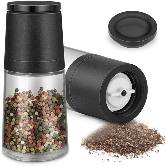 Osqi - Salt and Pepper Mill, 2-Piece Manual Salt and Pepper Mill Set Adjustable Grind Size Brushed Stainless Steel and Glass Grinders, Black