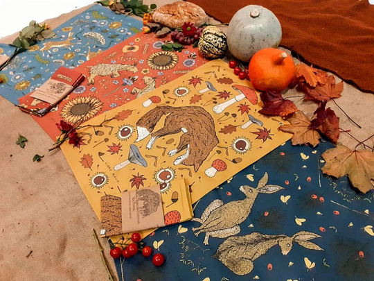 Four Seasons Organic Cotton Teatowel Set. Botanical & Wildlife Print Kitchen Ware. Gifts For Bakers/Cooks Staying In. To Post