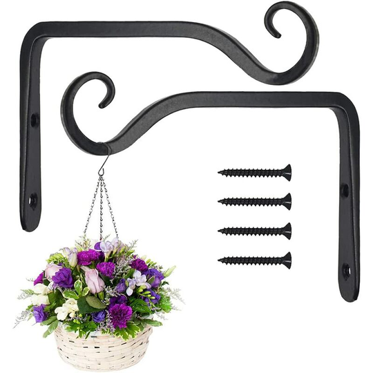 Monly - 2 Pack Black Wall Hanging Hooks, Metal Wrought Iron Hanging Basket Brackets, Hanging Basket Holder for Bird Feeders/Plants/Lanterns/Wind