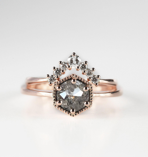 Salt & Pepper Diamond Engagement Ring Wedding Band Set | Rose, Yellow, White Gold