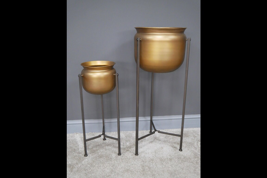Pair Of Gold Plant Pots On Stands