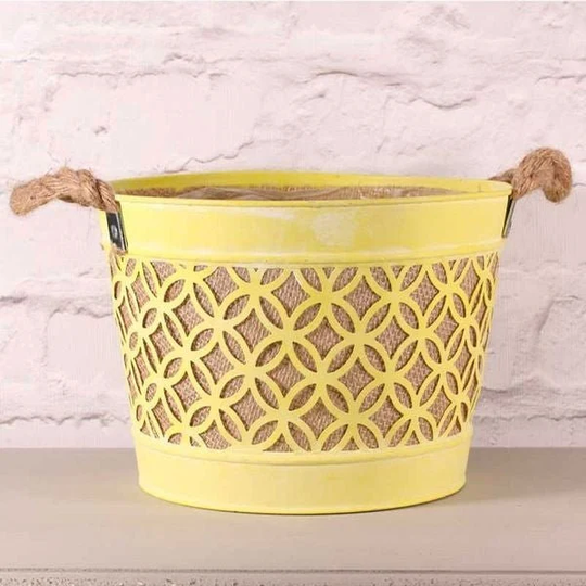 Yellow Planter With Rope Handle 28cm Herb Pot Flower Metal Planter - Fast & Free UK Delivery