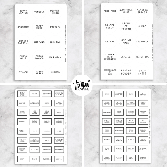 Spice Jar & Lid Labels Set Foil Clear White Sticker Sheet | 9 Sheets - 180 Stickers in Total