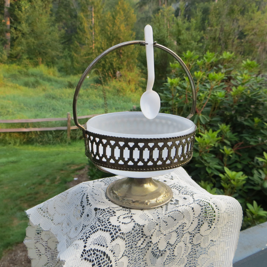 Vintage Sugar Or Salt Dish Brass & Glass Pretty Bowl With Tiny Spoon Basket