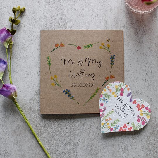 Wedding Personalised Card & Seed Heart - & Gift in One Wildflower Day -Seed Paper Plantable Mr & Mrs