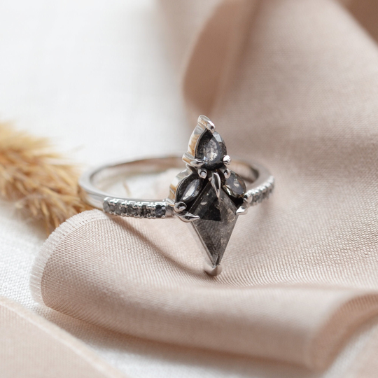 Floral Diamond Engagement Ring, Marquise Crown Salt & Pepper Natural Ring