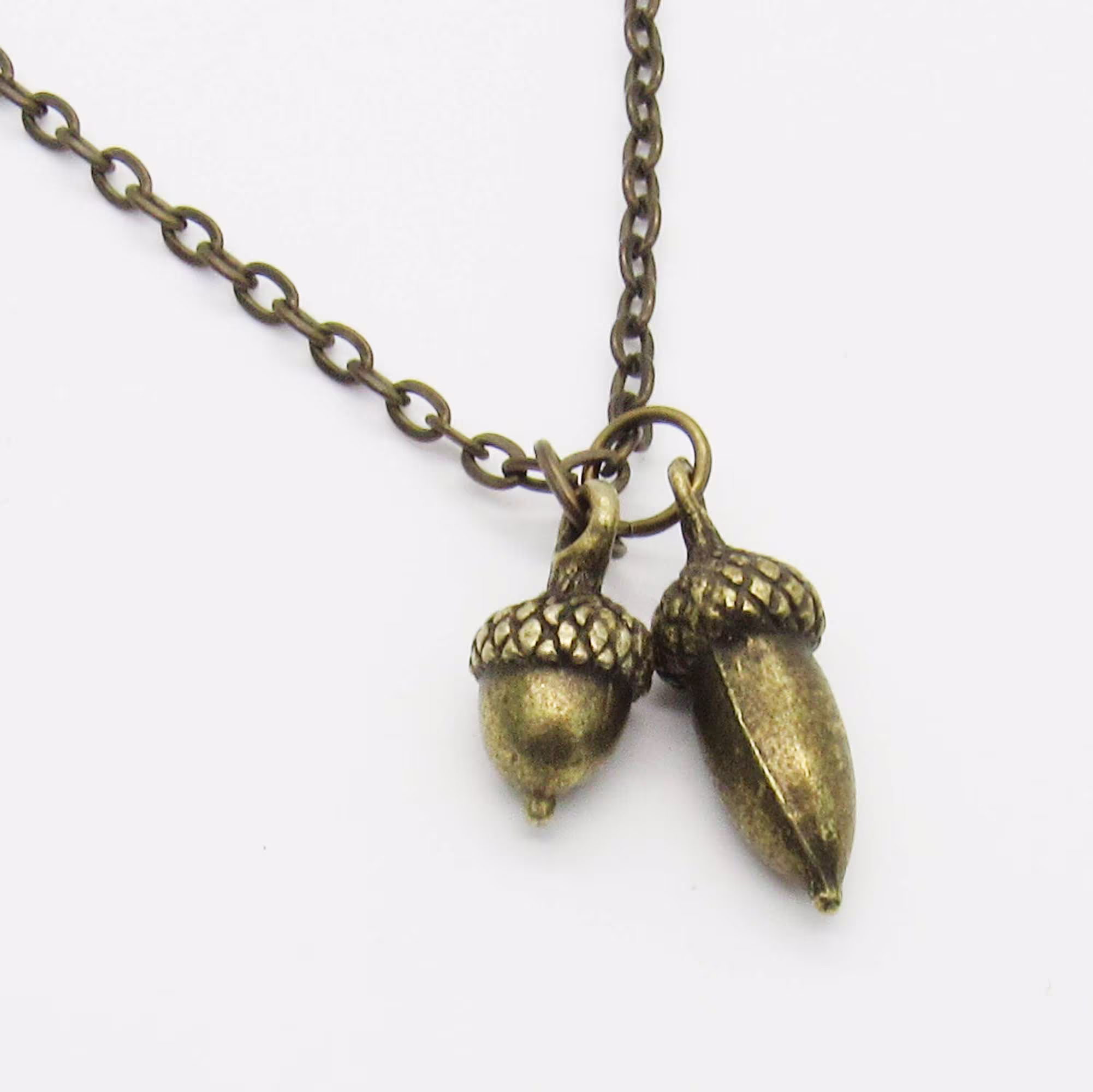 Autumn Bronze Acorns Pendant Necklace, Men's Women's Nature Seasonal Jewelry