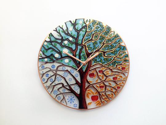 stained Glass Clock, Wall Glass, Painting, Hand Painted Unique Art Modern Clock, Four Seasons