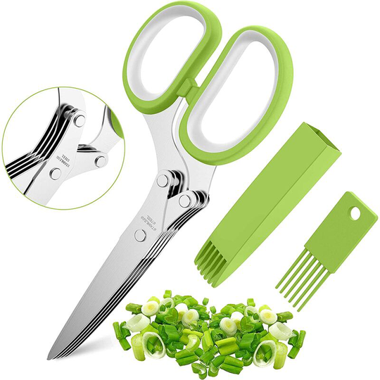 Herb Scissors Set with 5 Blades and Cover - Stainless Steel Kitchen Chopping Shear - Green