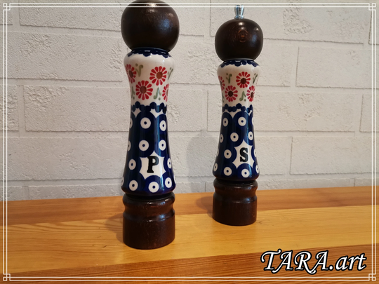 Set Of 2 Mills For Salt & Pepper, Wood Porcelain, Pepper Grinder, Pieces Handmade Wooden Ceramic Grinders