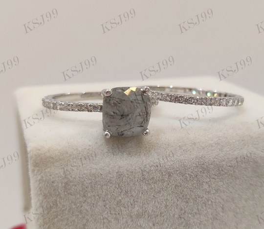 2.30Ct Salt & Pepper Cushion Cut Engagement Wedding Ring Set in 935 Argentium Silver, Salt Ring, Gift For Women, Rings Womens