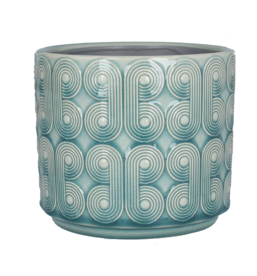 Blue Retro Swirls Circles Glazed Ceramic House Plant Pot Cover, Geometric Design, Indoor Succulent Planter, Palmier Pot, Houseplant
