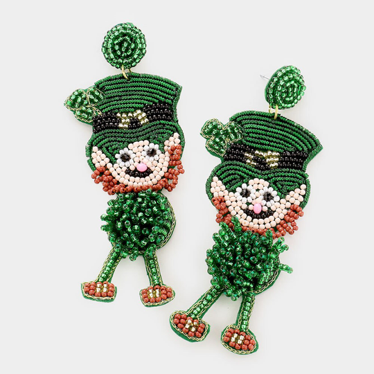Felt Back Seed Bead St Patrick's Day Clover Irish Man Dangle Earrings