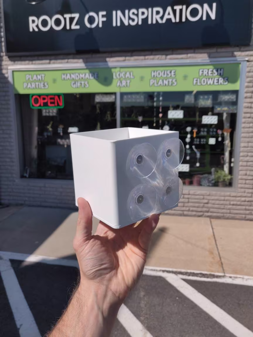 Window Planter White - 4 Inch Cubed Style- Suction Cup That Attaches To Window Via Suction Cups