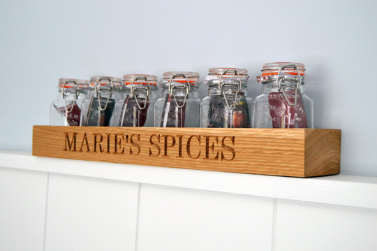 Carved Oak Spice Rack, Bespoke Herb & Storage, Personalised Kilner Jar, Wooden Wedding Gift