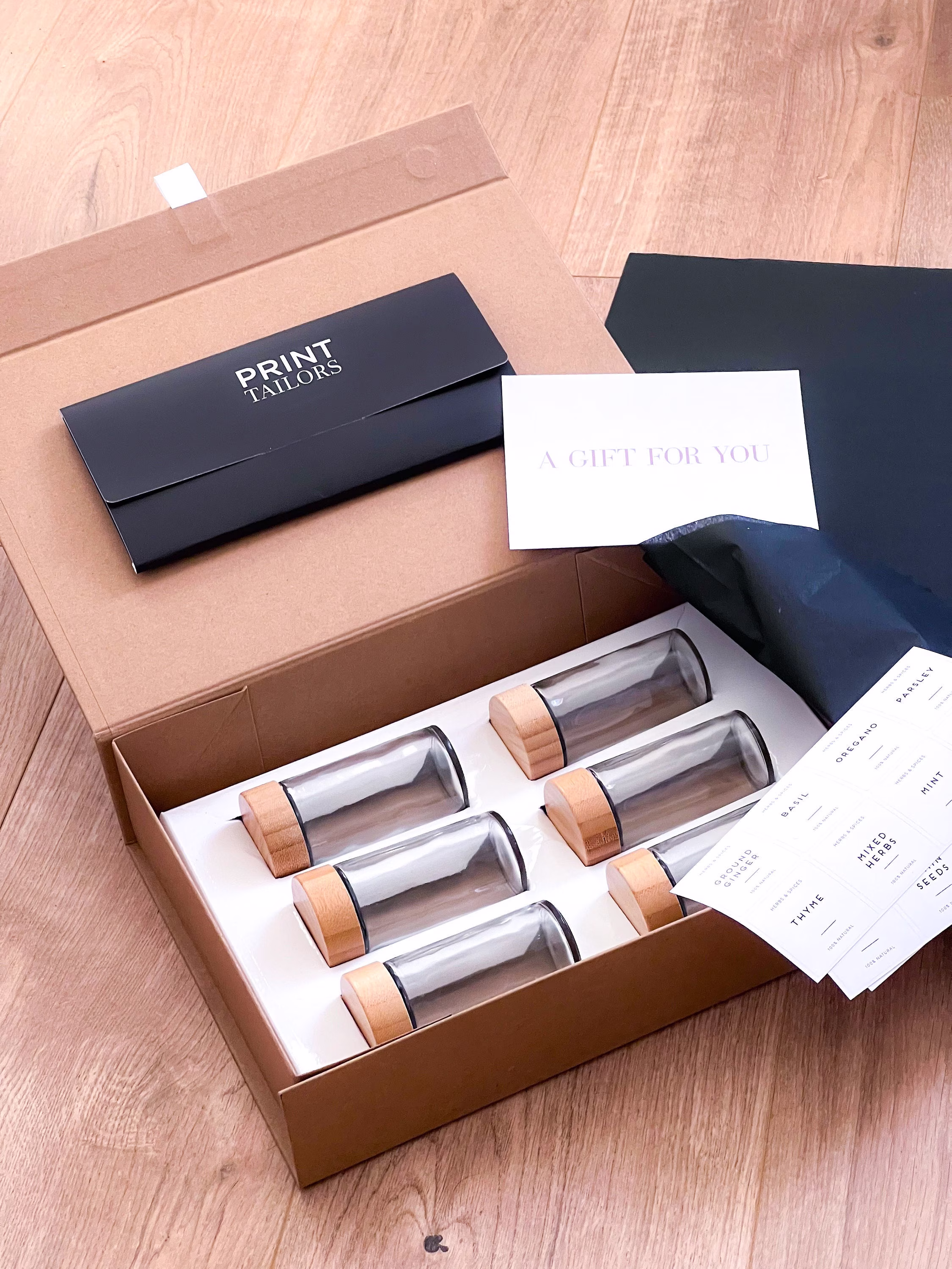 Spice Jar With Bamboo Tops - Gift Box 6 Jars 24 Labels & Personalised Included Christmas Set