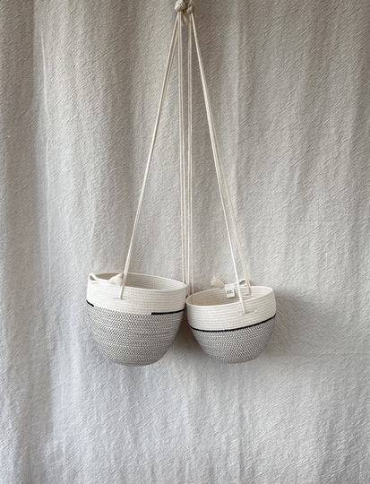 Handmade Rope Hanging Baskets - Black Two Sizes Stitched With Unbleached Cotton & Organic Thread Bowls