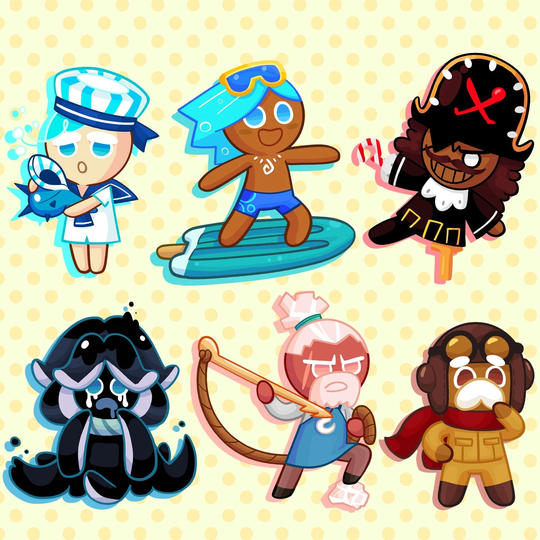 Cute Cookie Run Ovenbreak Peppermint Soda Pirate Squid Ink Salt Pilot Blue Black Yellow ì¿ í‚¤ëŸ° クッã‚ーラン Stickers Buttons