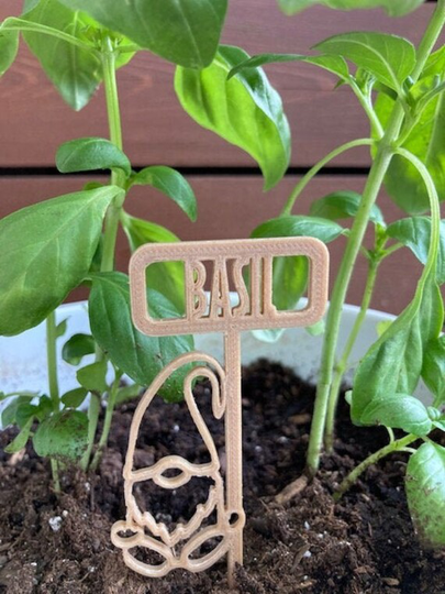 Customizable Wood Colored Gnome Plant Labels, 3D Printed Herb Signs, Cute Garden Accessories, Holding A Sign