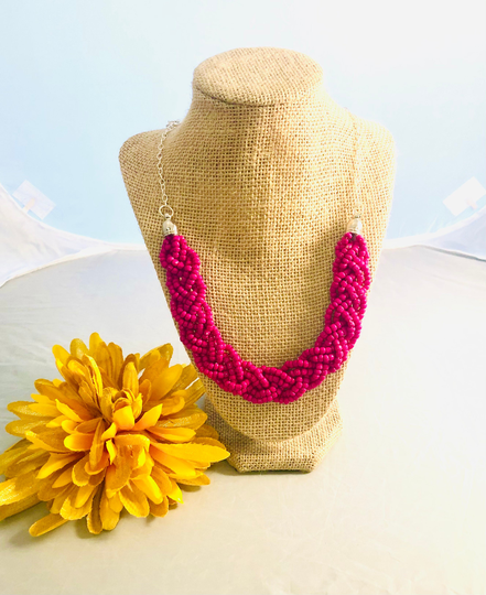 Hot Pink Seed Bead Braided Necklace With Silver Chain, Bold Statement Necklace, Pink