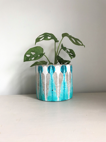 Concrete Indoor Planter in Turquoise & White Design, Plant Pot, Cactus Planter, Succulent Medium 11cm