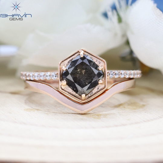 14K & 18K, Gold Ring, Cushion Diamond, Salt & Pepper Natural Diamond Engagement Wedding Bjr-75