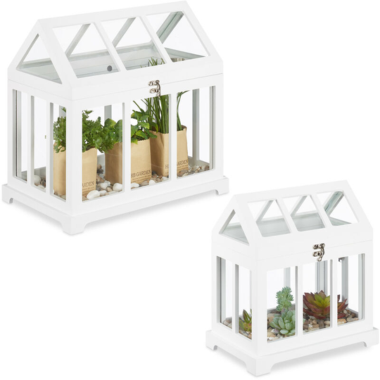 Relaxdays - mini greenhouse, set of 2, for windowsill, indoor glasshouse, herbs, plants, 2 sizes, white, mdf & glass