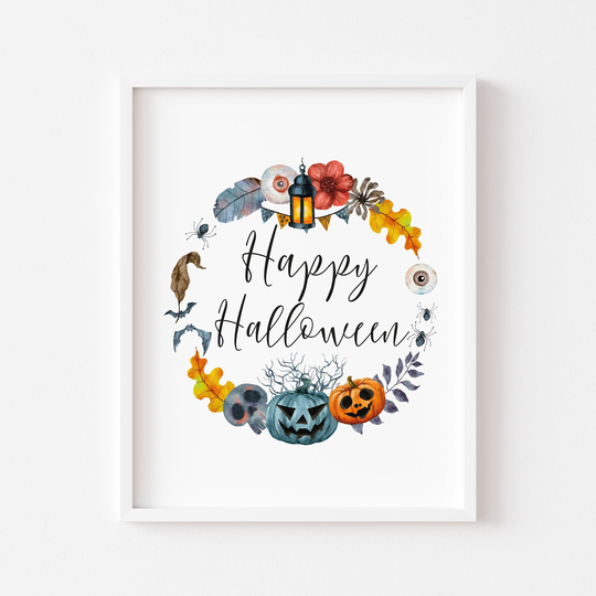 Happy Halloween Watercolour Wreath Style Unframed Print|Halloween|Halloween Decor|Seasonal Prints|Wall Art Prints|Prints