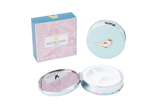 Pale Blue With Gold Bird - 3 Part Compartment Mirror Pill Box