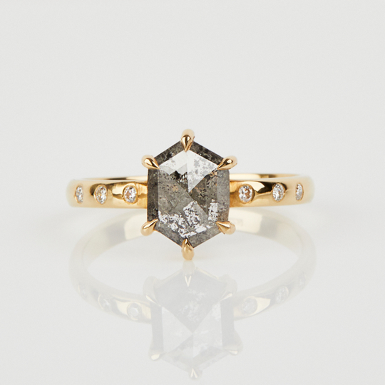 18ct Gold Hexagon Salt And Pepper Diamond Ring, Gold