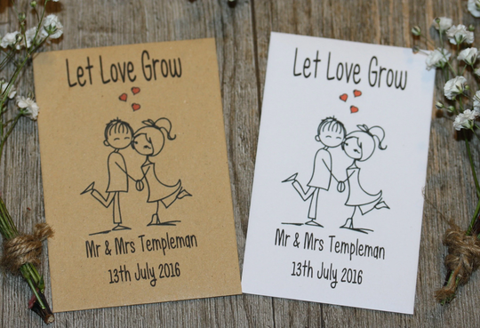60 Personalised Let Love Grow Wedding Day Party Flower Seed Packets Envelopes Favours Gift Table Decorations Bride Groom Birds Bees Wed10