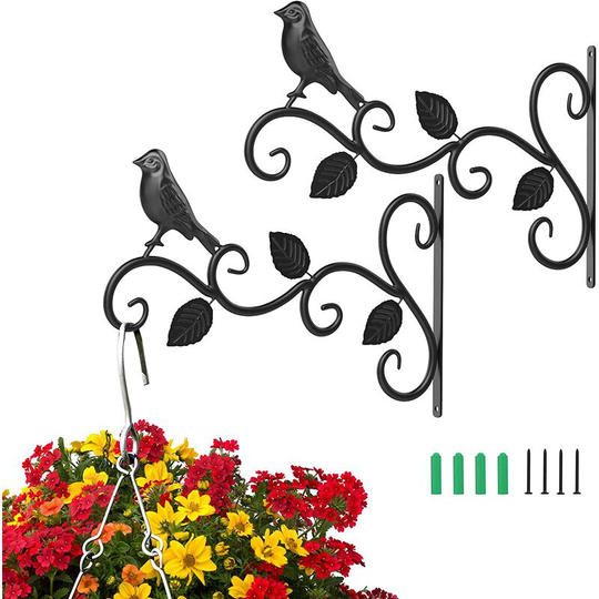 2 Pack Hanging Basket Stands, 12' Heavy Duty Iron Wall Mount Plant Hooks, Rust Resistant Indoor Outdoor Plant Hangers with Screws for Planter Basket