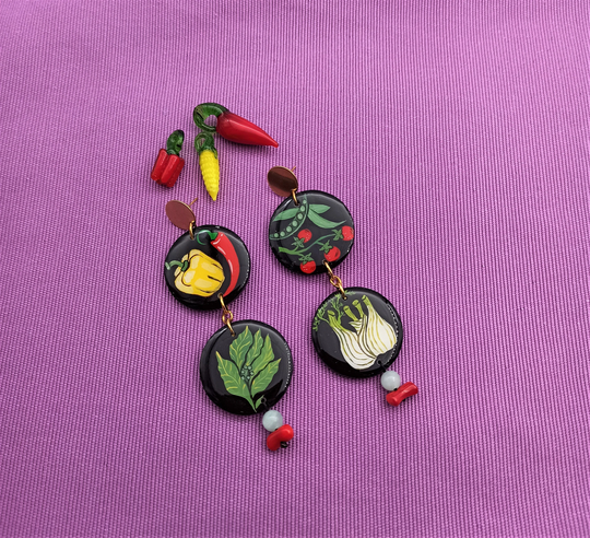 Painted Earrings. Greek Vegetable Herbs Statment Dangle Colorful Art Veggies Tomato Chili Pepper Earrings. Gift