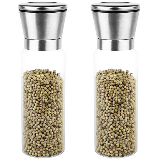 Premium Stainless Steel Salt and Pepper Grinder Set of 2 Borosilicate Glass Jar-Adjustable Clear Pepper 2pcs300ml carbon steel core