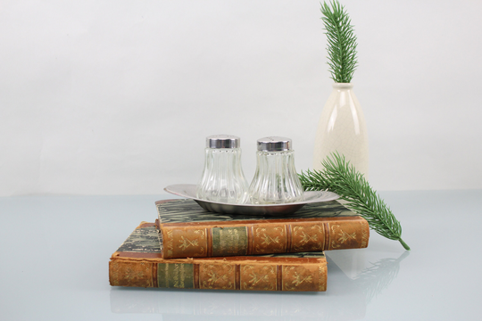 Vintage. Salt & Pepper Shaker On A Serving Plate Beautiful Glass Stainless Material