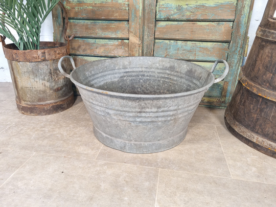 Vintage French European Galvanised Round Tub Bucket Pail Garden Planter