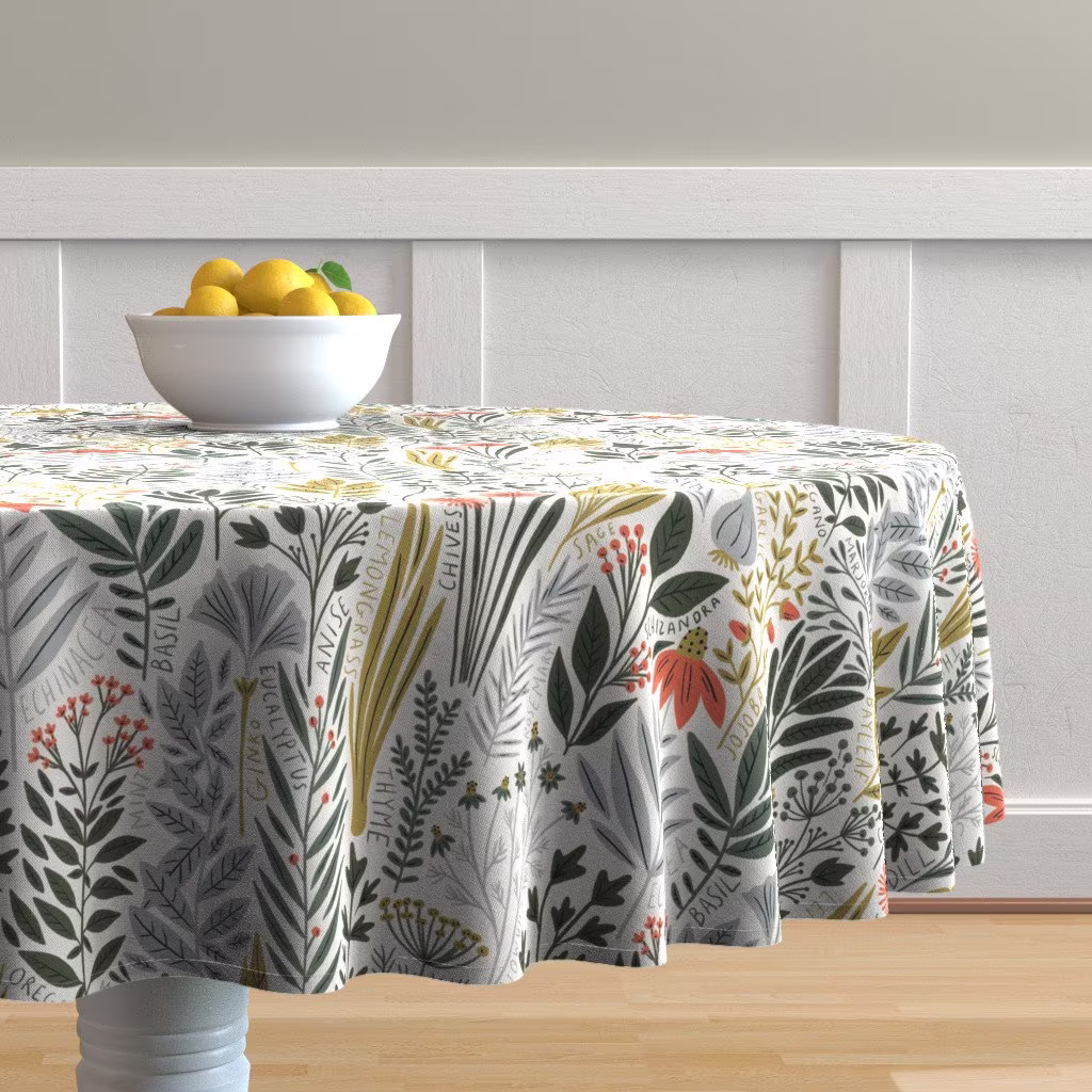 Herb Garden Round Tablecloth - Marjoram Green & Red By Amy_Maccready Modern Botanical Cotton Sateen Circle Spoonflower